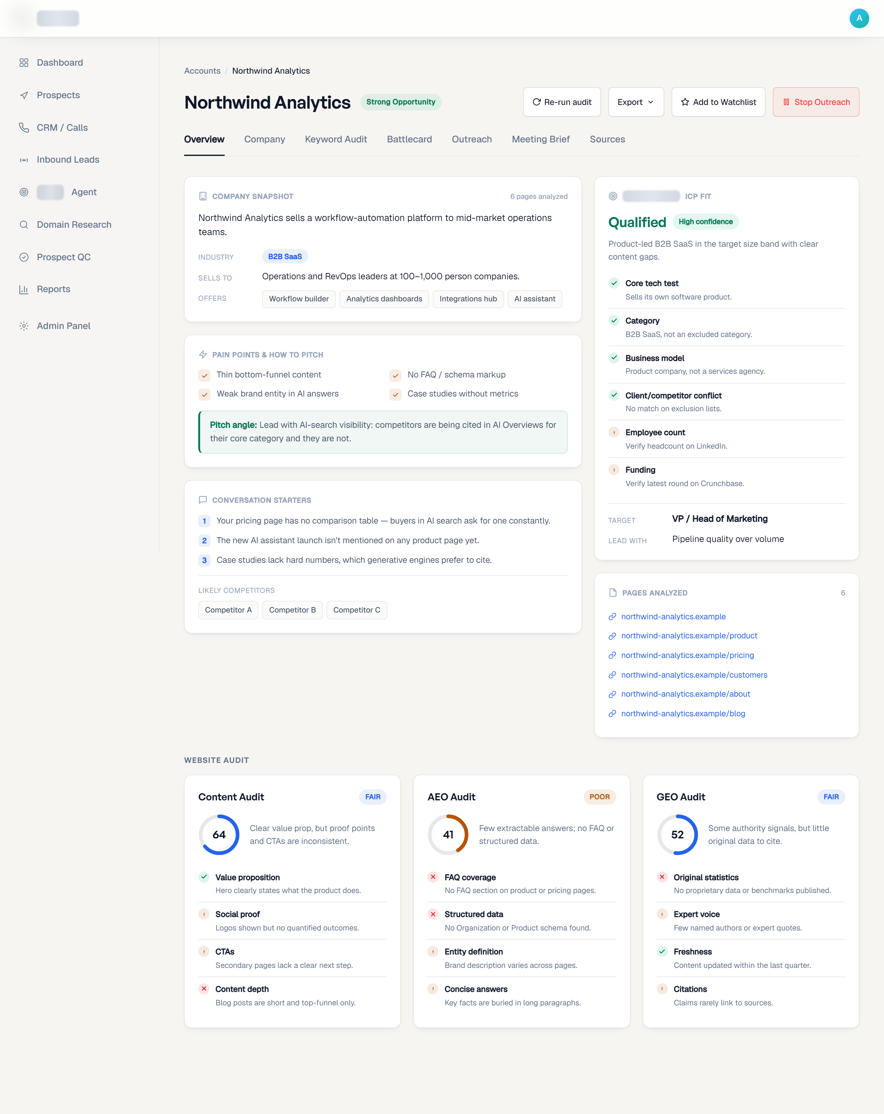 Per-prospect AI website audit (Content / AEO / GEO) and ICP-fit verdict